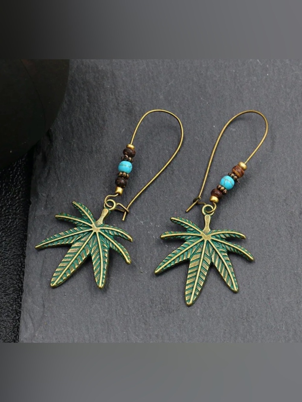 Boho Palm Leaf Drop Earrings in Turquoise and Bronze